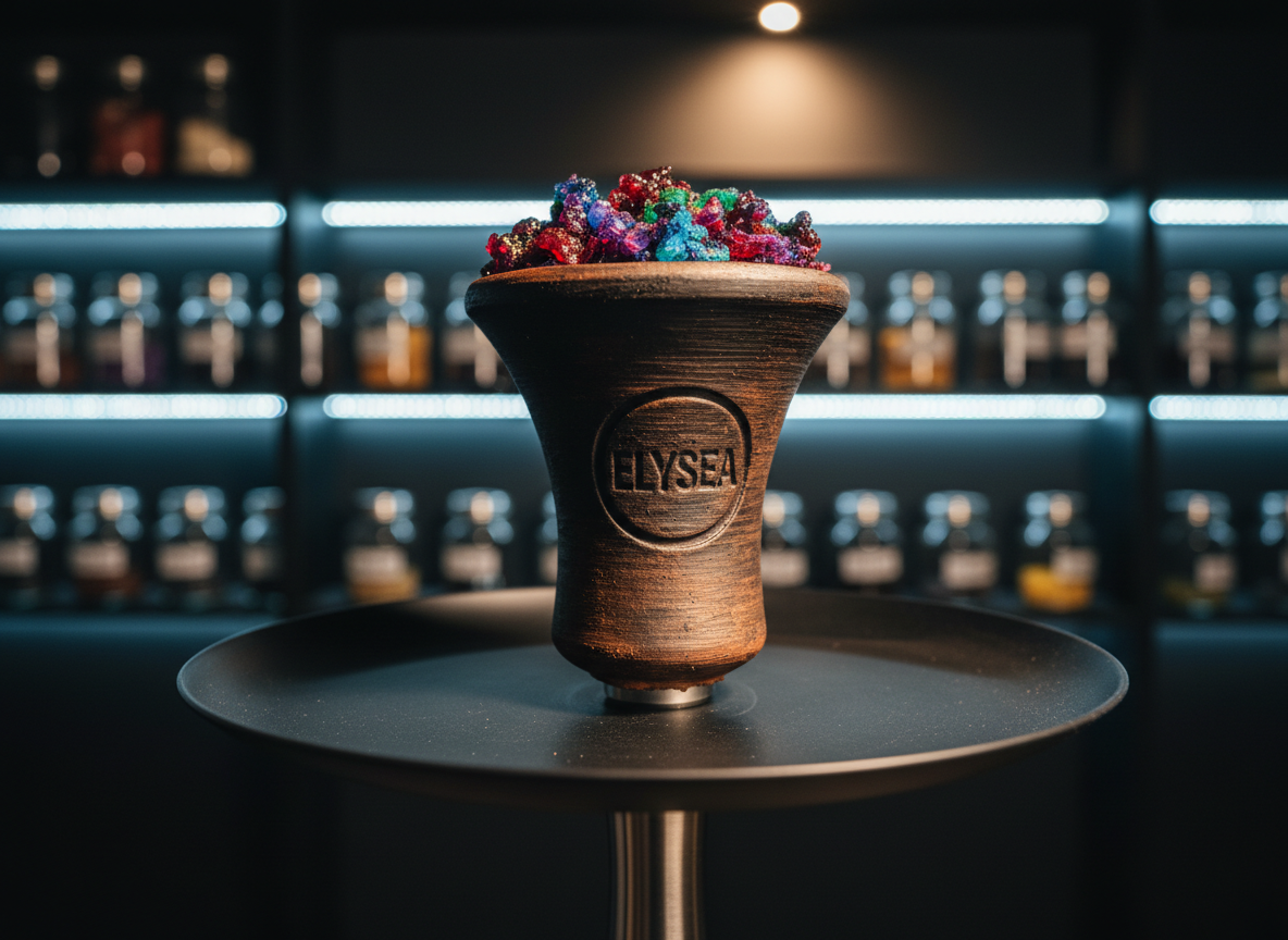 A close-up, photographic shot of an Elysea-branded hookah bowl, made of textured dark clay with a bold, embossed logo and filled with glistening, jewel-toned hookah tobacco. The bowl rests on a sandblasted black metal tray attached to a slender, satin-finish steel stem. In the background, an illuminated wall of neatly arranged flavor jars and sleek branding elements fades into soft bokeh. Cool white LED strip lighting under the shelves contrasts with a warm overhead spotlight that highlights the rich colors and sticky texture of the tobacco. The composition is slightly angled from above, emphasizing texture and detail, with a bold, modern, high-contrast mood that feels premium and cutting-edge.