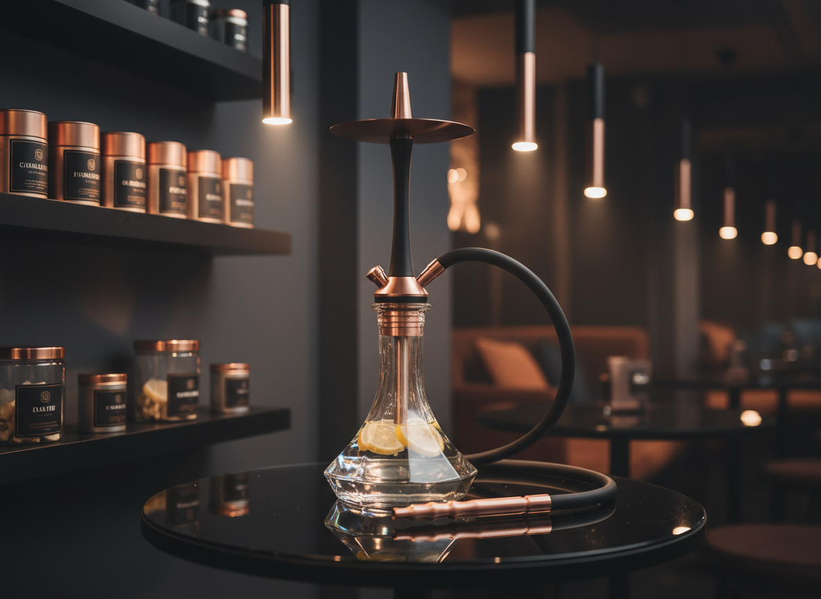 A luxurious modern hookah as the central subject, crafted with a matte black stem, brushed rose-gold accents, and a thick crystal base filled with clear water and a few lemon slices. It stands on a dark, reflective glass table in a sleek lounge interior, surrounded by minimalist black shelves displaying different hookah flavors in elegant tins and glass jars. Dramatic warm pendant lighting from above creates sharp highlights on the metal and subtle reflections on the glass. The background is softly blurred with deep charcoal and amber tones, emphasizing the bold, premium character. Photographic realism, eye-level composition, rule-of-thirds framing, with a shallow depth of field to keep the hookah in razor-sharp focus while the environment remains atmospherically out of focus.