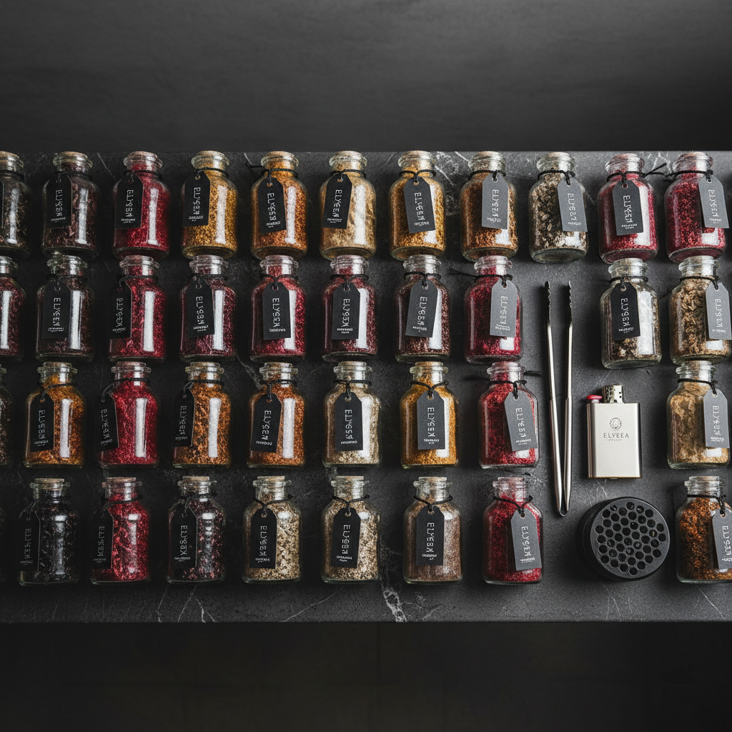 An overhead, photographic composition of a meticulously organized Elysea Hookah flavor bar, featuring an array of small, transparent glass containers filled with different shisha blends in deep reds, golden ambers, and dark berry tones. Each container is labeled with clean, minimalist typography on matte black tags. They are arranged on a charcoal stone countertop with subtle marbling, alongside a polished metal hookah tong, a compact heat management device, and a sleek, branded lighter. Soft, diffused studio lighting from both sides eliminates harsh shadows and accentuates surface textures. The mood is bold yet refined, suggesting precision and curation. The background is minimal and slightly darkened, ensuring the colorful tobacco and metallic accessories stand out in crisp, photographic realism.